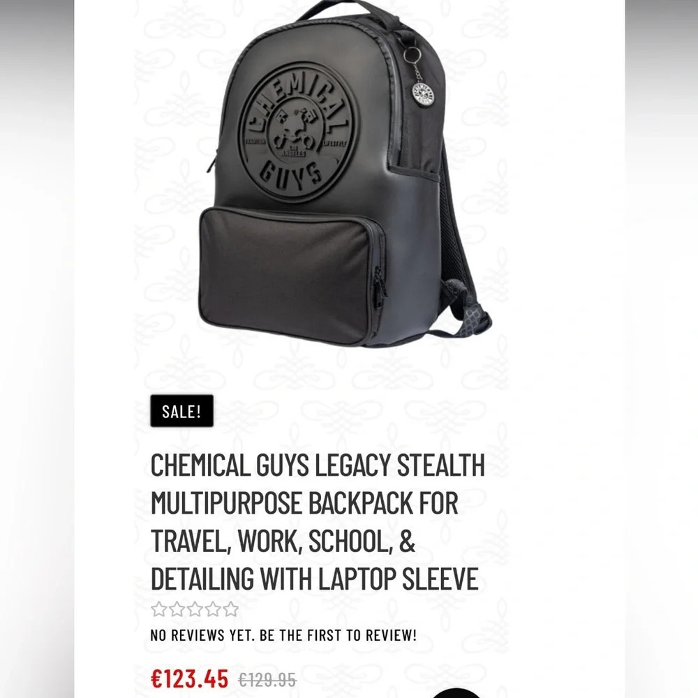 CHEMICAL GUYS BLACK LEGACY STEALTH MULTIPURPOSE BACKPACK travel school work